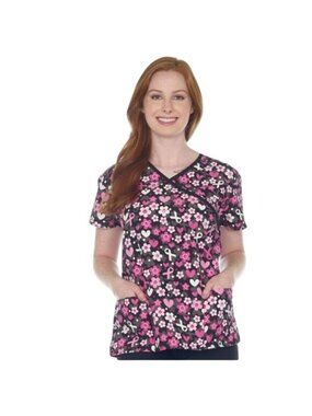 Divine Scrubs By JDM Womens Pink Ribbon Floral Print Scrub Top S Black/Pink Poly